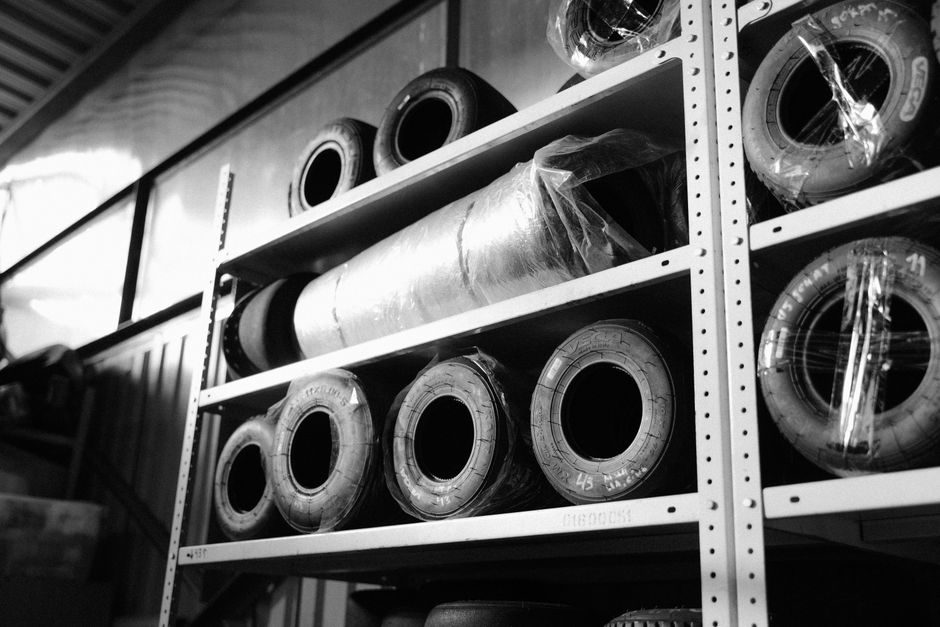 Warehouse racks filled with safely stored off-season tires